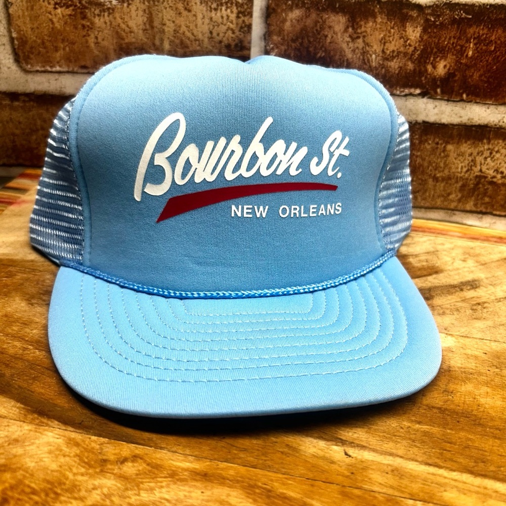 Vintage light blue foam and mesh trucker hat with "Bourbon St. NEW ORLEANS"